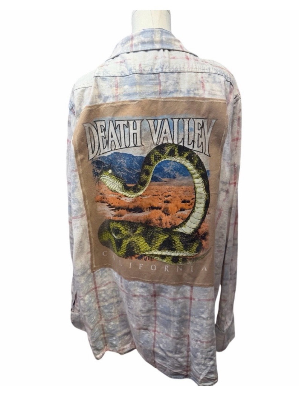 Death Valley upcycled custom flannel shirt tan graphic tee on back bespoke